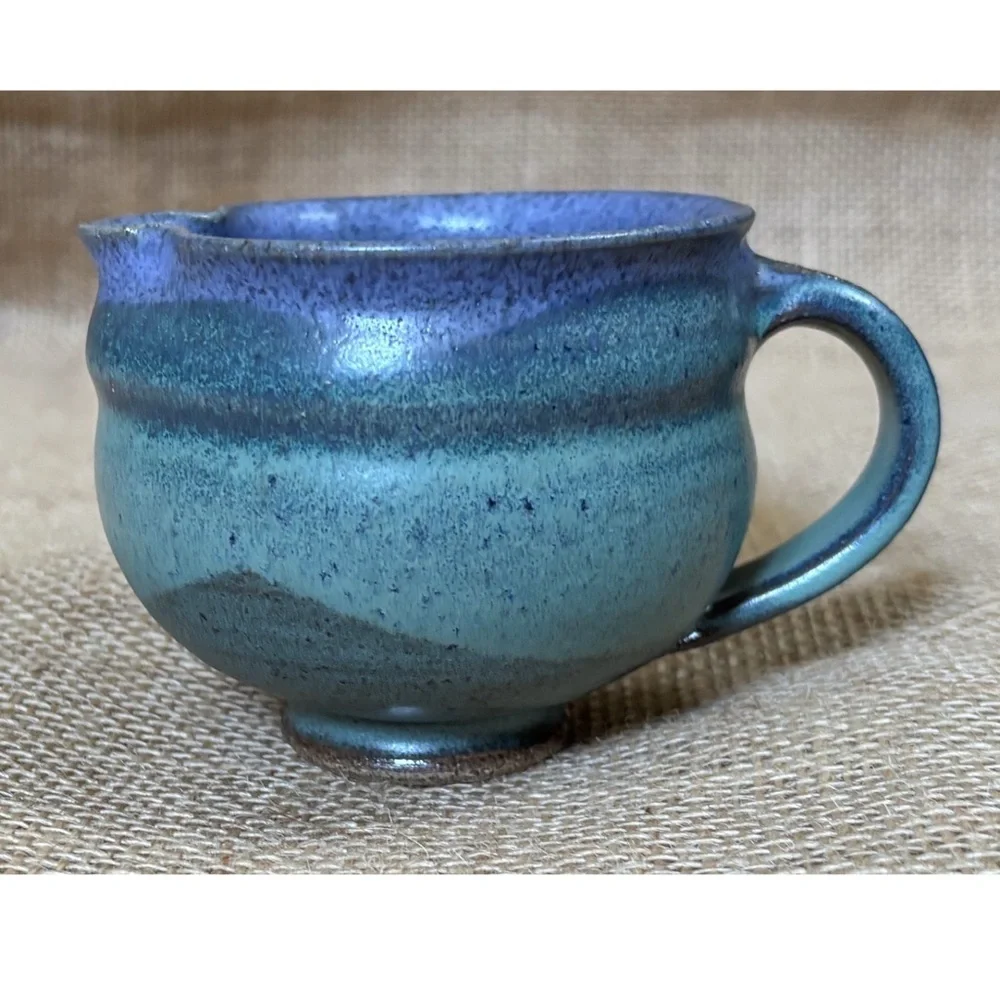 Signed Blue Green Art Pottery Creamer Bolbous Coastal Grandma Fairy Core Boho